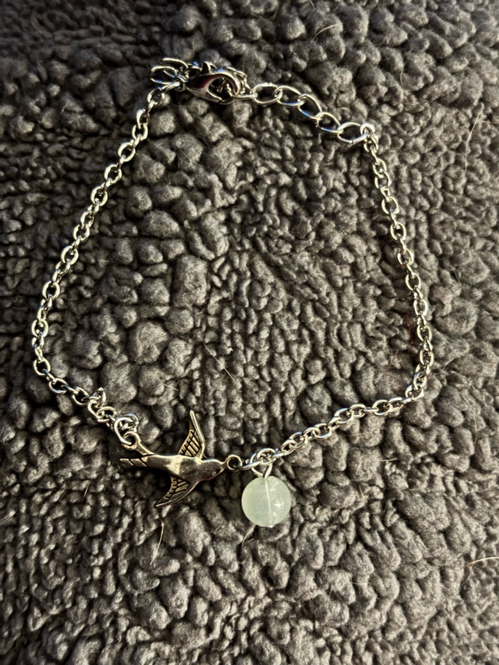 Silver Bird Charm Bracelet with Pale Green Bead